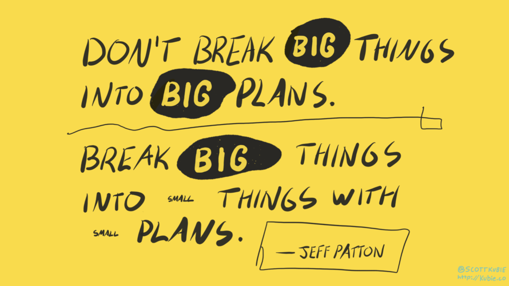Illustrated text reading: Don't break big things into big plans. Break big things into small things with small plans.