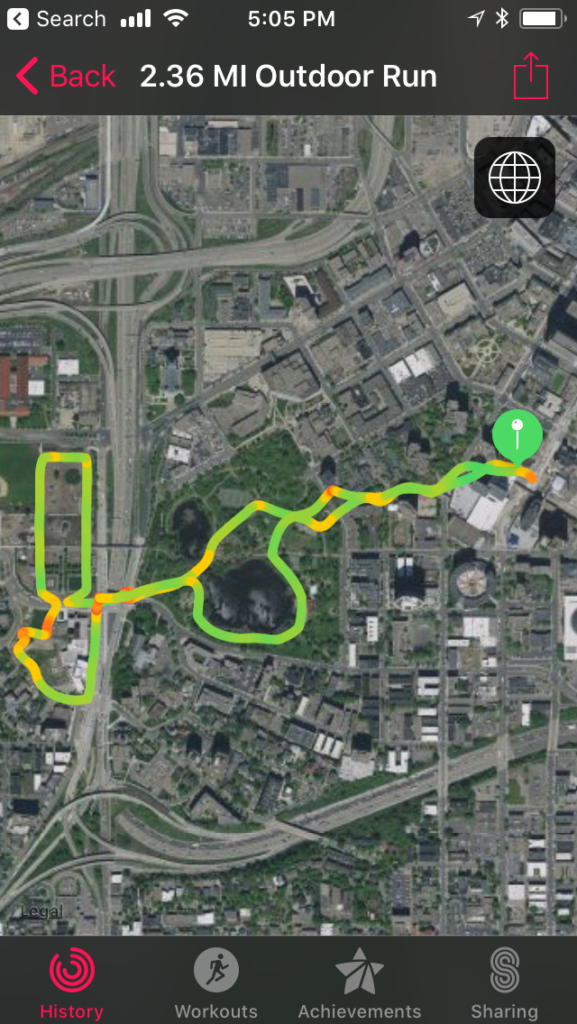 Screenshot of a running route mapped on an exercise app.