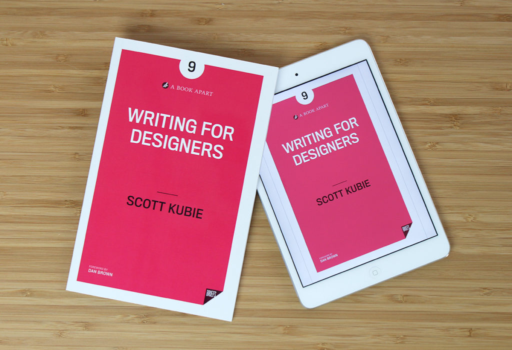 Photograph of print and digital editions of Writing for Designers.