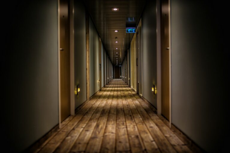 A long hallway full of doors.