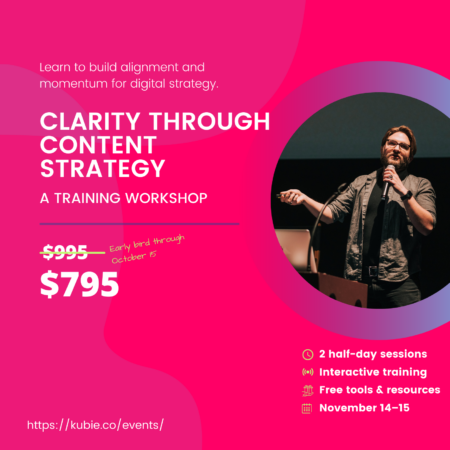 Get up to speed on the discipline of content strategy with Scott Kubie. Clarity through content strategy: a training workshop. Priced $795 through October 15.