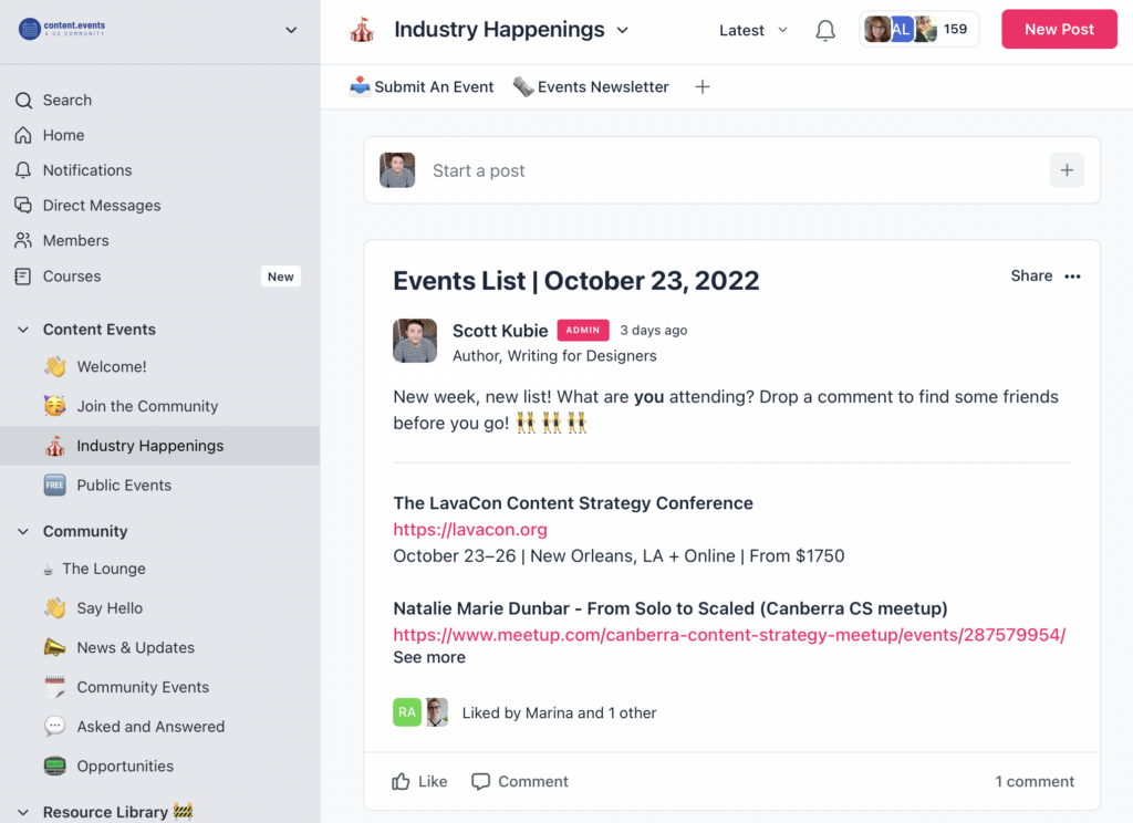 Screenshot of the Content Events community space.