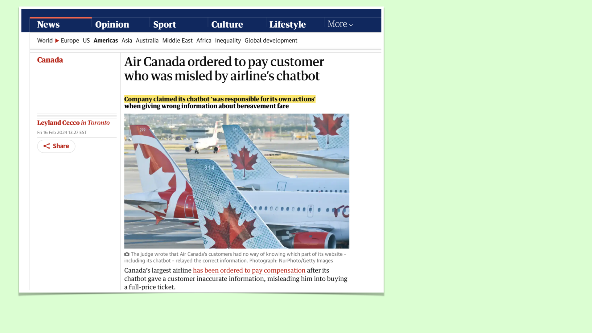 Guardian article headlined "Air Canada ordered to pay customer who was misled by airline's chatbot.