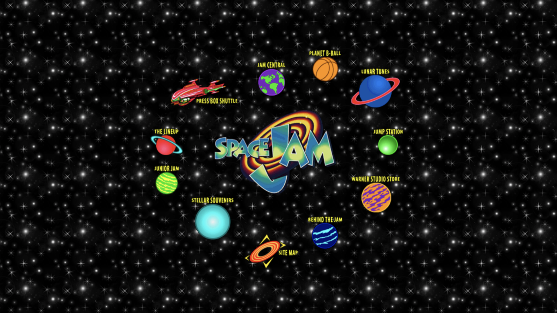 Website for the movie Space Jam, which has a tiled starfield background and a navigation menu made of planets orbiting the Space Jam logo in the center. I wish you could see it, it's truly beautiful, in an early-90s kind of way.