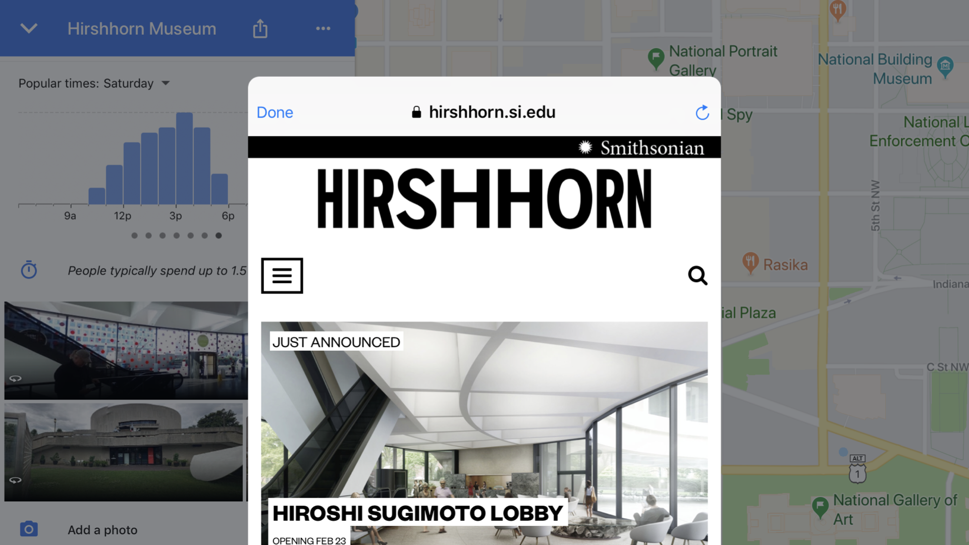 Website for the Hirshorn museum in a modal window, with the Hirshorn location on Google Maps visible behind.