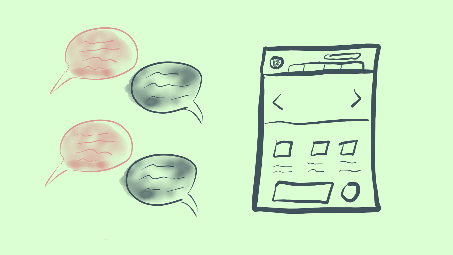 Four speech bubbles representing two people in conversation sit alongside a quickly sketched wireframe of a website.