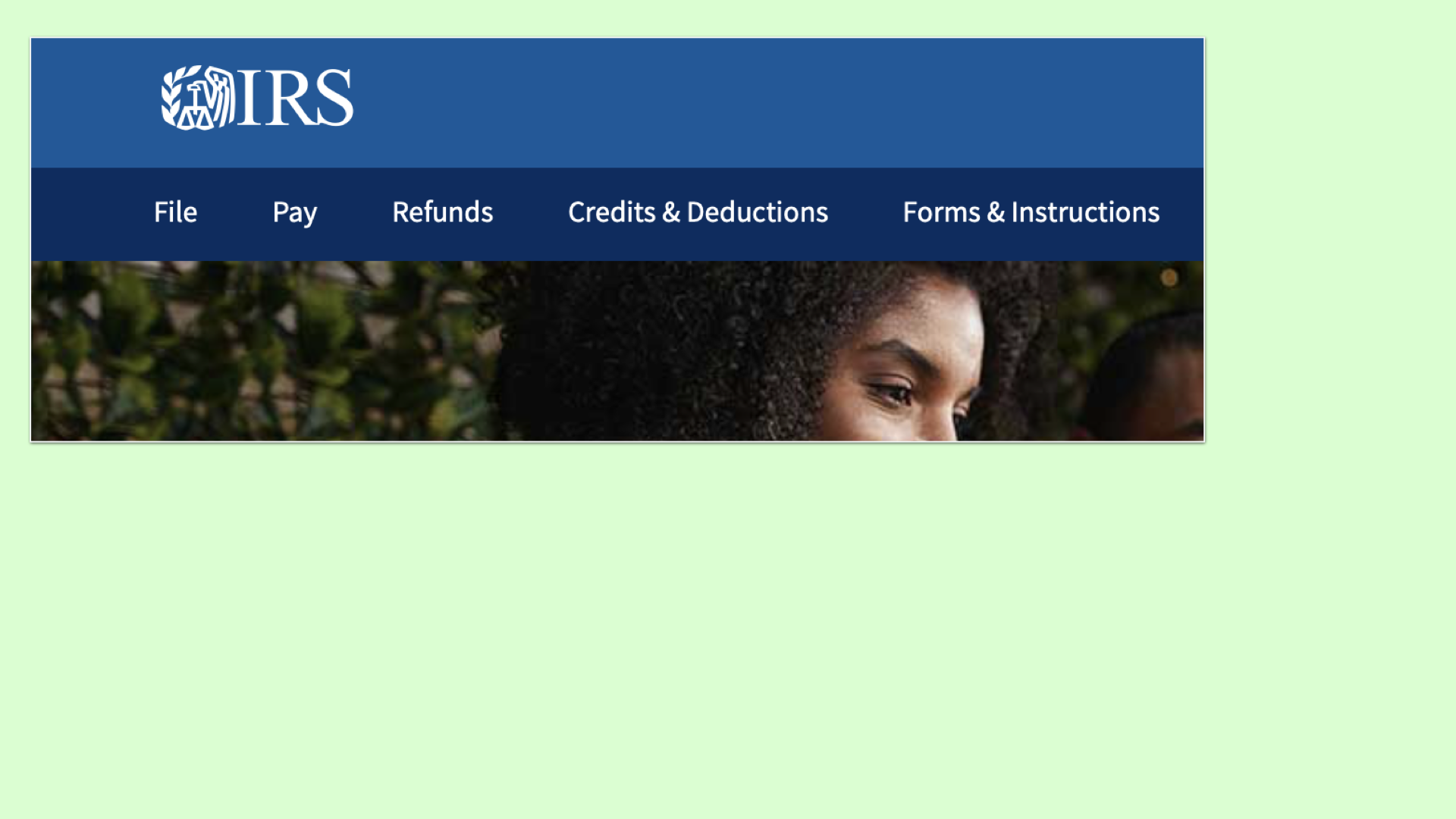 Main navigation of IRS website.