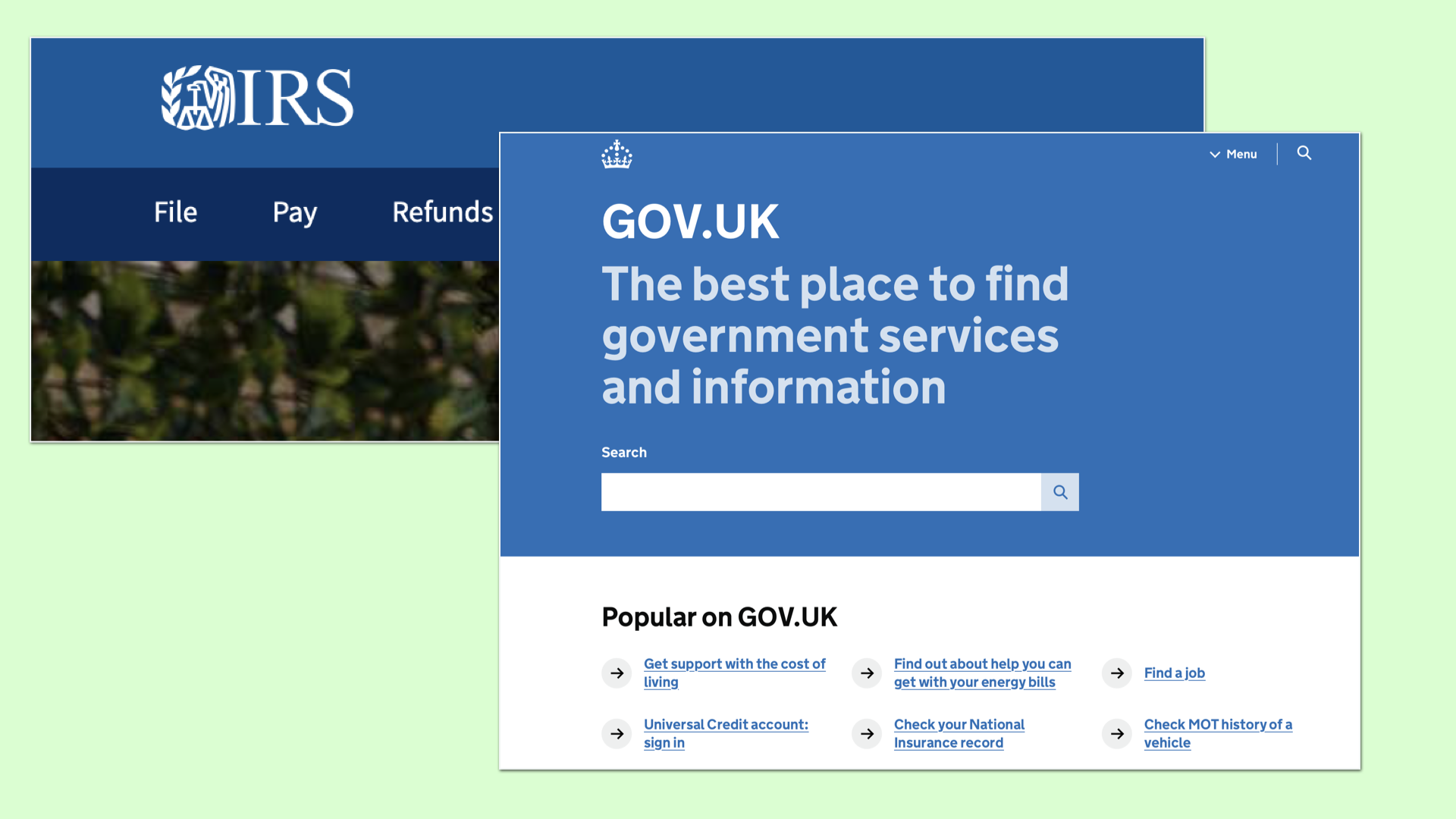 Gov.UK website homepage "above the fold" has a large headline and a search box.